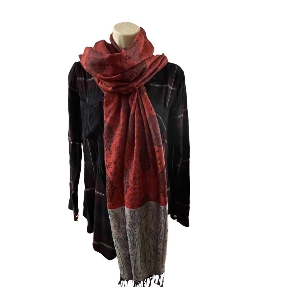 Pashmina Scarf Wrap ~Burgundy, Navy, Grey Paisley Print ~ Fringe end detailing